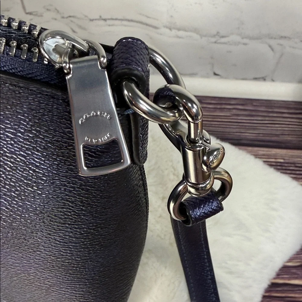 NWT COACH Navy Dark Blue‎ logo print Sadie Satchel, Wristlet, Dust bag BUNDLE.